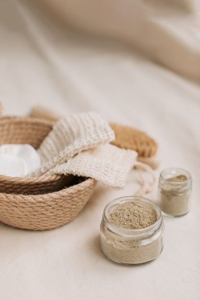 Elegant display of natural skincare products on a soft, neutral background.